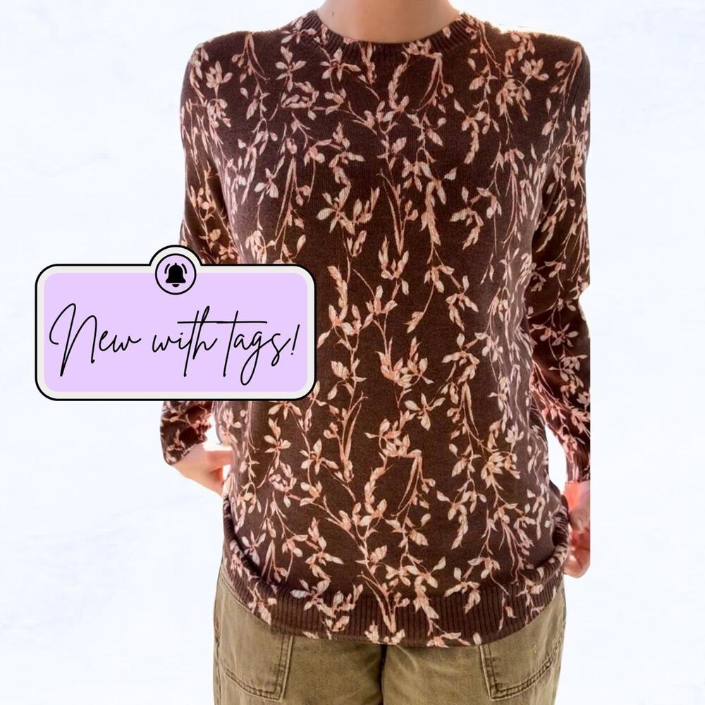 NATIONAL Brand Brown Sweater With Floral Accents NWT